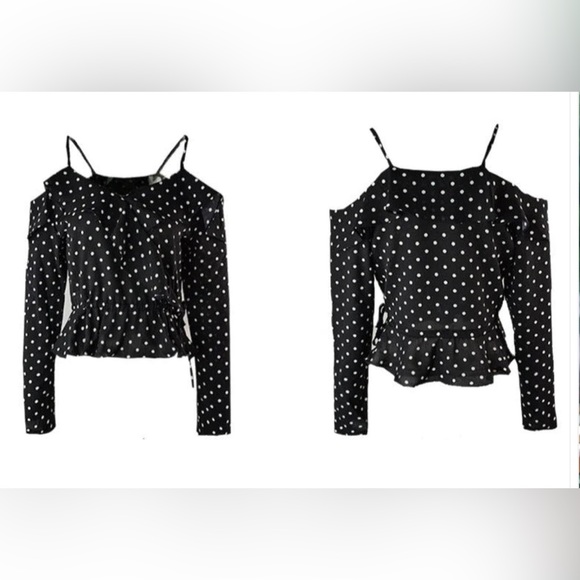 Reborn Tops - Polka Dot Cold Shoulder Black Chiffon Blouse